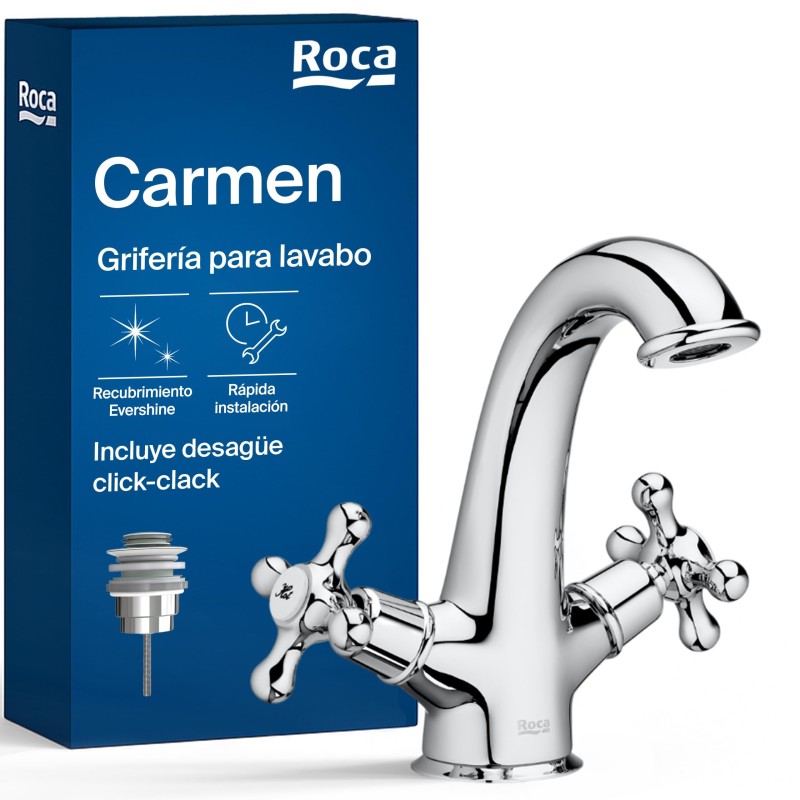 Grifo lavabo Roca Carmen cromo con desagüe click-clack | Jesanca