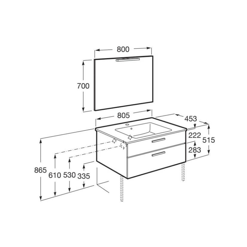 CONJUNTO VICTORIA BASE+LAVABO 800 BLANCO 2 CAJONES ESPEJO APLIQUE LED