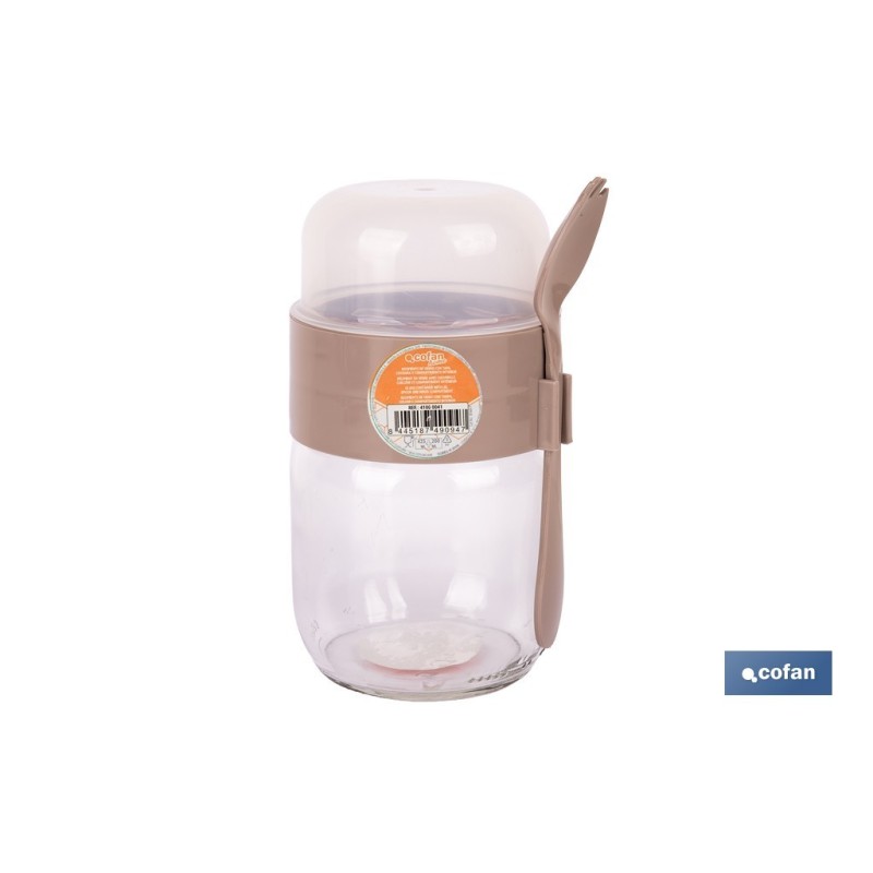 RECIPIENTE DE VIDRIO BEIGE CON TAPA Y CUCHARA 2 COMPARTIMENTOS 425 + 200 ML