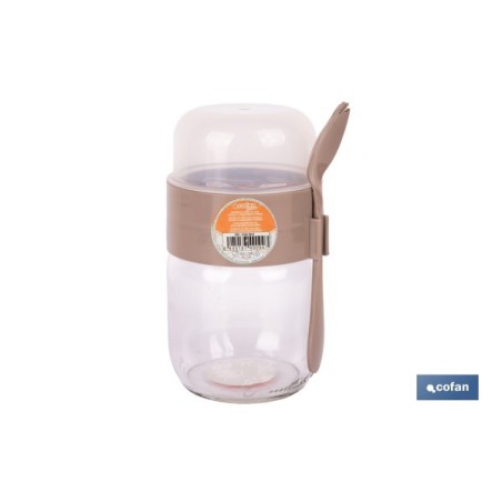RECIPIENTE DE VIDRIO BEIGE CON TAPA Y CUCHARA 2 COMPARTIMENTOS 425 + 200 ML