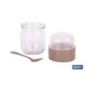RECIPIENTE DE VIDRIO BEIGE CON TAPA Y CUCHARA 2 COMPARTIMENTOS 425 + 200 ML