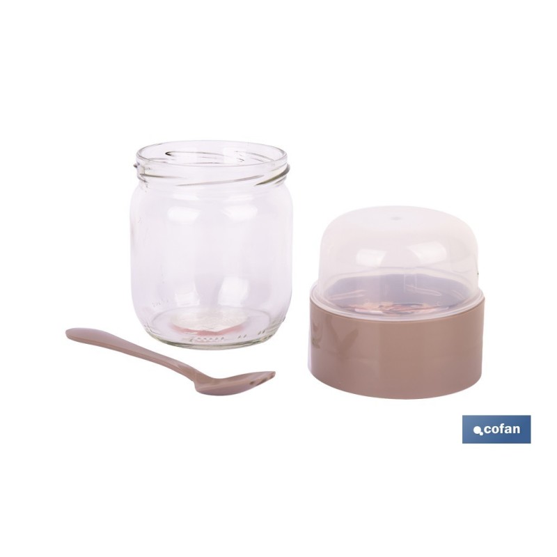 RECIPIENTE DE VIDRIO BEIGE CON TAPA Y CUCHARA 2 COMPARTIMENTOS 425 + 200 ML