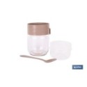 RECIPIENTE DE VIDRIO BEIGE CON TAPA Y CUCHARA 2 COMPARTIMENTOS 425 + 200 ML