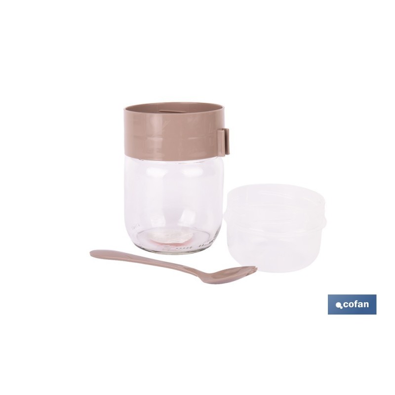 RECIPIENTE DE VIDRIO BEIGE CON TAPA Y CUCHARA 2 COMPARTIMENTOS 425 + 200 ML