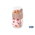 RECIPIENTE DE VIDRIO BEIGE CON TAPA Y CUCHARA 2 COMPARTIMENTOS 425 + 200 ML
