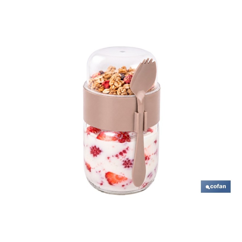 RECIPIENTE DE VIDRIO BEIGE CON TAPA Y CUCHARA 2 COMPARTIMENTOS 425 + 200 ML